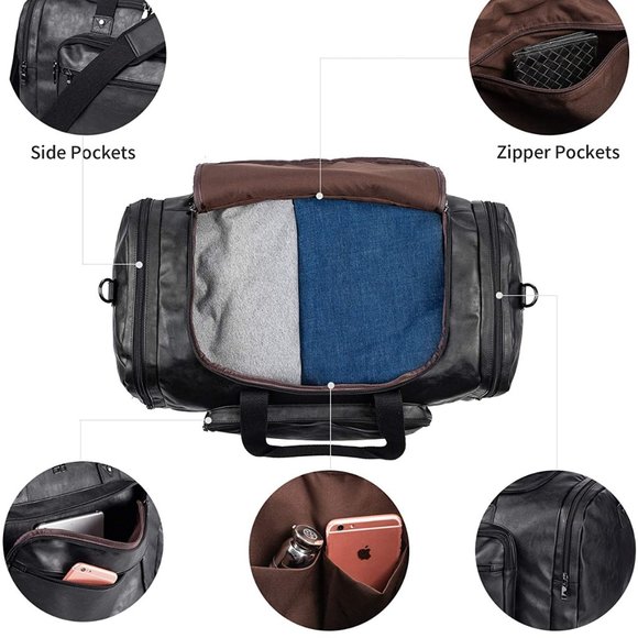 PU Leather Overnight Duffle Bag - Waterproof weekender Travel Tote - Duffel Bag - Picture 7 of 8